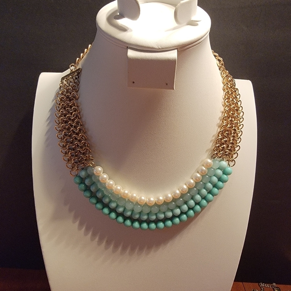 Cara 4 Strand Goldtone and Faux Pearl Faux Stone Beaded Necklace